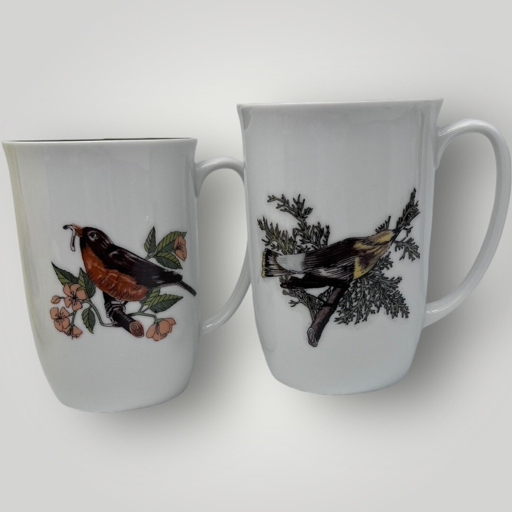 2 Vtg Porcelain NEIMAN MARCUS FITZ & FLOYD Wild Birds Robin Tea Cups Mugs Kitsch